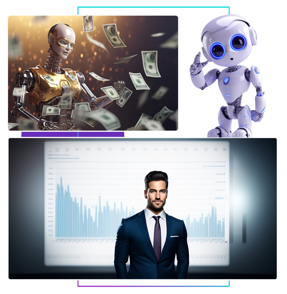 picture of robot with money,manon screen and robot on it's own.